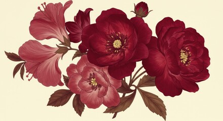 Detailed illustration of a floral bouquet with deep red and pink roses and hibiscus. Intricate details of petals and leaves