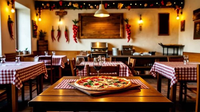 A cozy Italian restaurant interior with wooden tables and checkered tablecloths. A large pizza topped with vegetables is placed on a wooden board in the foreground.
