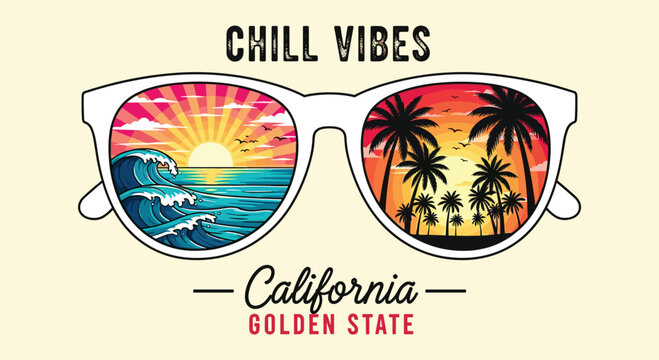 Illustration of a vibrant and colorful illustration showcasing the essence of californias golden state with chill vibes, featuring sunglasses reflecting a beach scene with palm trees, waves, and a sun
