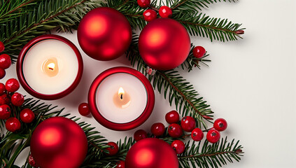 An Elegant Artistic Flat Lay Display of Glimmering Red Baubles and a Warm Candlelight Glow on a Festive Christmas Wreath Surrounded by Holly Greens