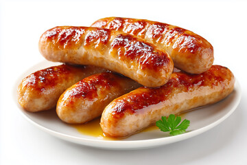 A Deliciously Appetizing Plate of Golden Breakfast Sausage Links Arranged Neatly on a White Background, Perfect for Food Illustrations and Culinary Designs