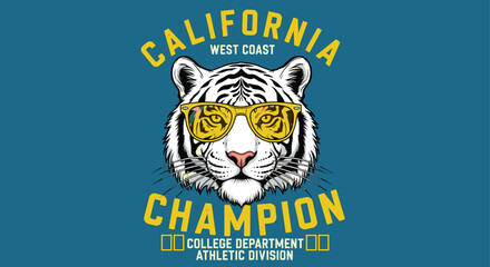 Illustration of a captivating design featuring a tiger head wearing sunglasses, adorned with the words california west coast champion and college department athletic division