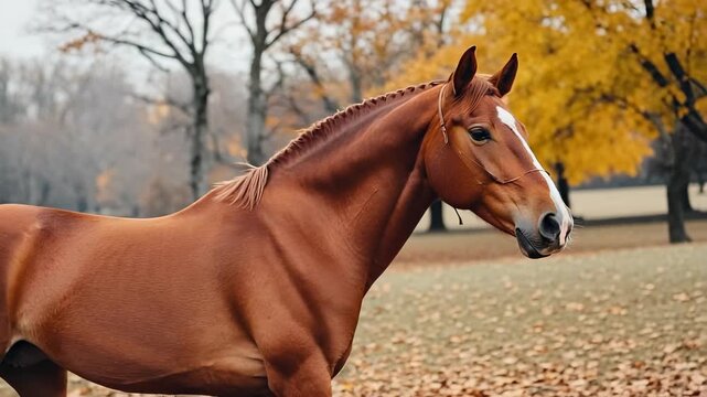 Chestnut Horse Portrait with Braided Mane and White Blaze, Autumn Landscape Background, Equine Beauty in Nature, Fall Colors