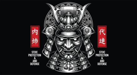 Illustration of an illustration of a samurai warrior in full armor, with intricate details and a menacing expression, set against a dark background with japanese text and stoic protection