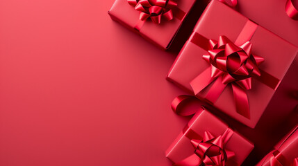 Luxurious Burgundy Background Adorned with Elegant Gift Boxes Tied with Festive Bows, Perfect for New Year's Celebrations and Holiday Promotions
