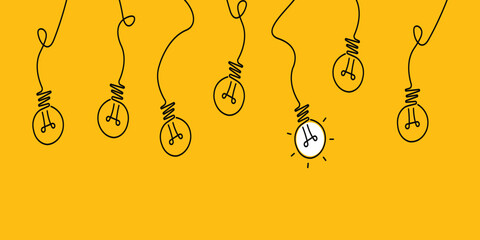 Comic brain electric hanging lamp idea vector design. One continuous line drawing of tangled and scribble wires with light bulbs.