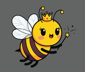 Cartoon bee, magical insect, royal character, cute animal, fantasy wand, crown jewels, smiling bug, kids illustration, whimsical wings, gray background
