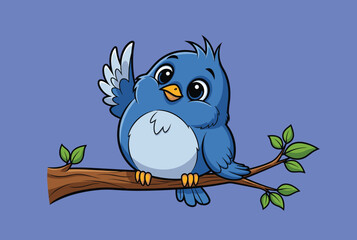 Cartoon blue bird, waving wing, perched on branch, cheerful animal character, expressive eyes, cute mascot, kids content, vector illustration