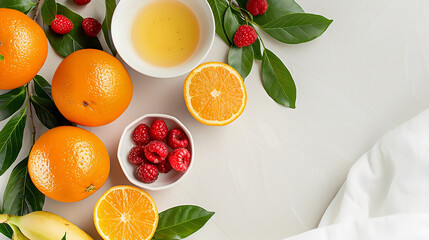 A Vibrant Spread of Fresh Breakfast Ingredients Featuring a Bowl of Colorful Fruits and Assorted Fresh Produce on a Rustic White Table Setting