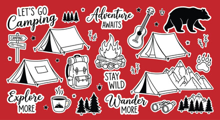 Illustration of get ready for your next outdoor adventure with this camping sticker set featuring tents, backpacks, and more, these stickers are perfect for any nature lover