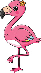Cartoon flamingo standing, cute pink bird, smiling tropical character, flower accessory, kids illustration, vector art, playful emotion, fun design