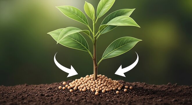 Plant growing with fertilizer and arrows indicating process growth soil agriculture sustainability environment green seed young