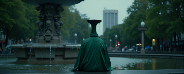 Person sitting silently by a fountain in urban park setting