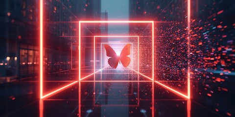 Neon butterfly in futuristic cityscape with glowing red squares and digital particles