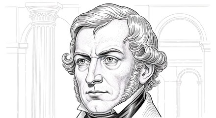 A detailed black and white illustration of a man's head and shoulders.