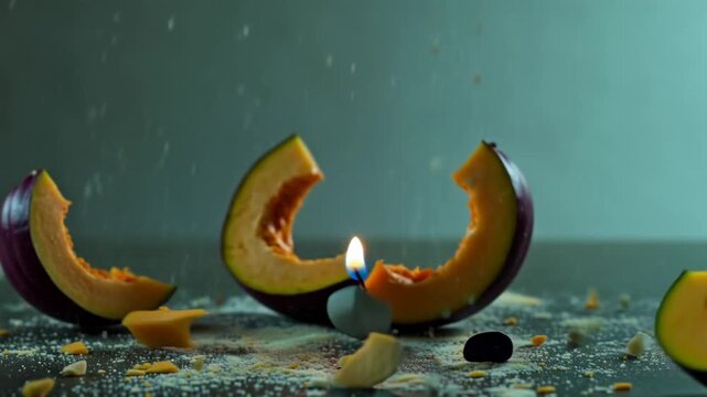 Dramatic close-up lighting a translucent purple glass pumpkin with a lit candle inside, shattering into shards.