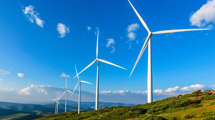 Expansive Row of Wind Turbines Spinning Gracefully Against a Clear Blue Sky, Symbolizing Renewable Energy and Sustainable Future in a Rural Landscape