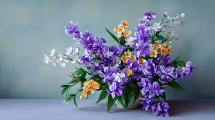 Fototapeta premium A vibrant floral arrangement showcases purple, white, and yellow flowers bursting from a small white vase against a soft, diffused background creating an elegant display.