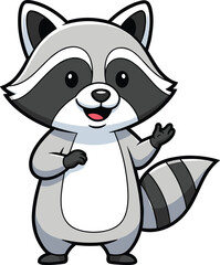 Cartoon raccoon waving, cute animal character, smiling forest creature, friendly mascot design, kids illustration, vector art, playful emotion, fun