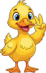 Cartoon yellow duck, peace sign gesture, cheerful character, blue eyes, vector art, playful pose, children’s illustration, stock image
