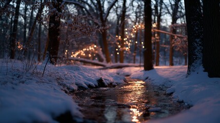 Snowy winter scene with twinkling lights by a creek in a serene forest setting at dusk