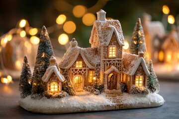 Illuminated miniature snow-covered village scene glows warmly with festive background lighting