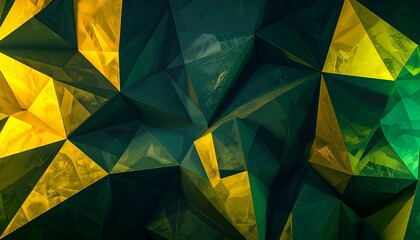 Geometric abstract mosaic with illuminated triangular facets in green, yellow, and dark blue.