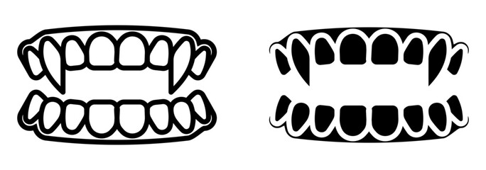 Fangs icon set. Illustration of vampire fangs in outline and silhouette style. Perfect for Halloween themed designs, creepy illustrations, and scary graphics.
