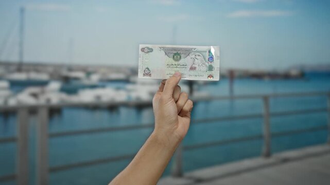Hand holding united arab emirates dirham by the seaside with boats visible, highlighting the concept of finance in an outdoor maritime setting.