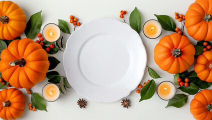 Exquisite Flat Lay Arrangement of a Harvest Table Centerpiece Featuring a White Plate with a Candle Surrounded by Vibrant Orange Pumpkins
