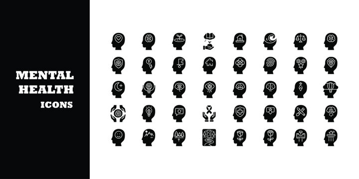 Diverse mental health icons representing well being, cognition, growth, and emotional states for positive psychology and wellness concepts