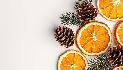 A Festive Flat Lay Arrangement of Sliced Christmas Fruitcake, Dried Orange Rings, and Pine Cones, Creating a Cheerful Holiday Atmosphere