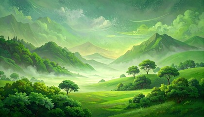 Surreal green mountain landscape under swirling emerald sky with mystical atmosphere and layered peaks.