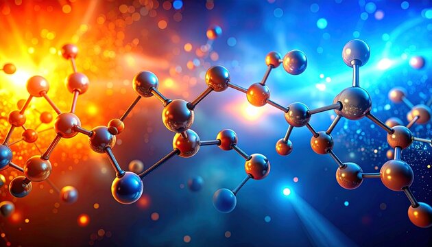 Stylized molecular structure with glowing atoms and rods, set against a vibrant blue-orange gradient. - Powered by Adobe