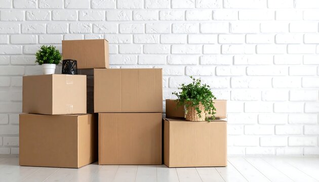 Stack of cardboard boxes near white brick wall, accented by green potted plants on a light wooden floor