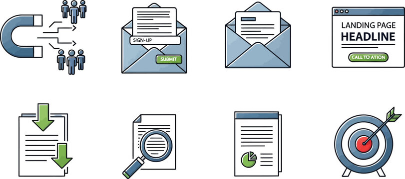 Collection of icons representing marketing and business concepts like lead generation and analysis.