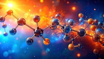 Stylized molecular structure with glowing atoms and rods, set against a vibrant blue-orange gradient.