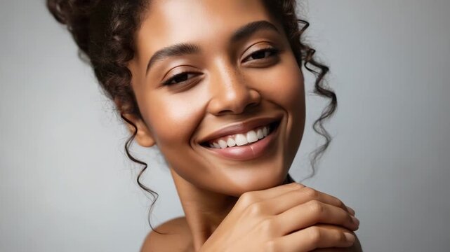 Closeup portrait of a smiling woman with curly hair and warm skin tone