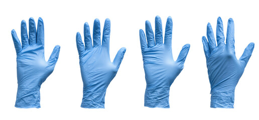Four light-blue disposable gloves, hands open