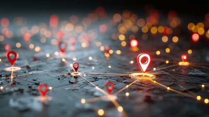 Mapping the path: Location markers on a world map, symbolizing navigation and destination