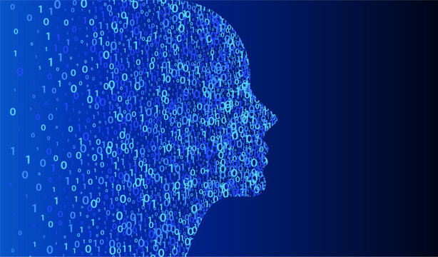 Abstract head of a humanoid robot android in futuristic zeros and ones number binary code texture.