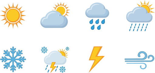 Obraz premium Diverse weather icons representing sun, clouds, rain, snow, lightning, and wind.