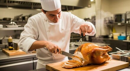 Chef carving traditional roasted turkey in a professional kitchen. Culinary expert preparing delicious poultry meat for a holiday meal or restaurant service.