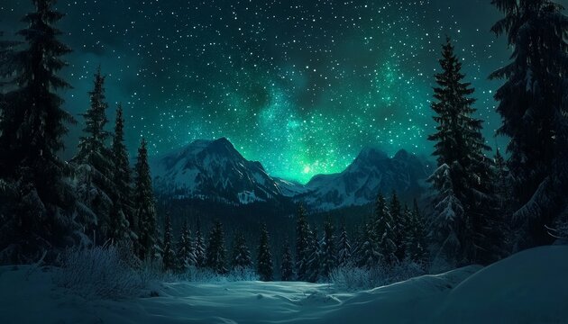 Illuminated celestial phenomenon glows vividly above snow covered alpine landscape at night