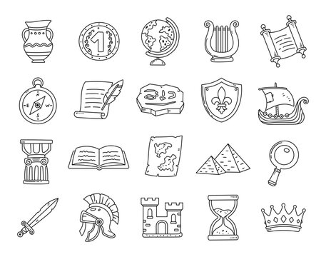 History set in outline line art showing amphora, coin, globe, lyre, scroll, compass, parchment, shield, column, book, map, pyramids, sword, castle, hourglass