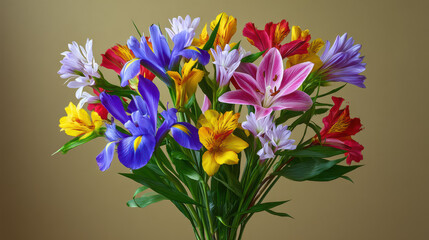 A vibrant and colorful bouquet of mixed sp flowers featu lilies, irises, and alstroemeria is displayed beautifully against a soft neutral background color.