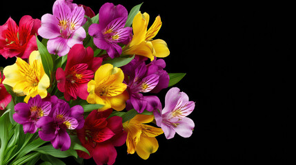 Vibrant bouquet of Alstroemeria flowers in shades of red, yellow, and purple against a stark black background creates a striking floral arrangement scene.