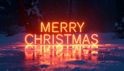 Snowy landscape reflecting neon words "Merry Christmas" in orange glow amidst dark trees