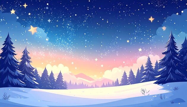 Snowy landscape, stylized, trees and mountains under a starry, colorful night sky