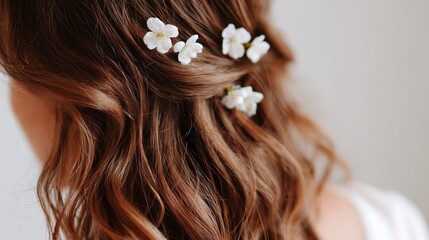 Naklejka premium Beautiful hairstyle with white flowers for a special occasion in a cozy indoor setting